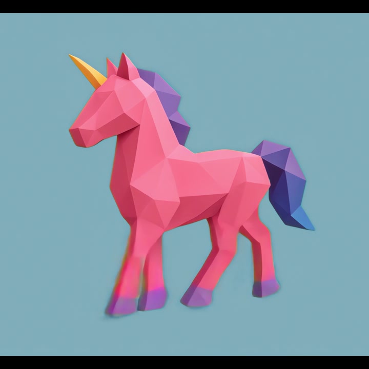 Low Poly Pink Unicorn Walking on Blue Background