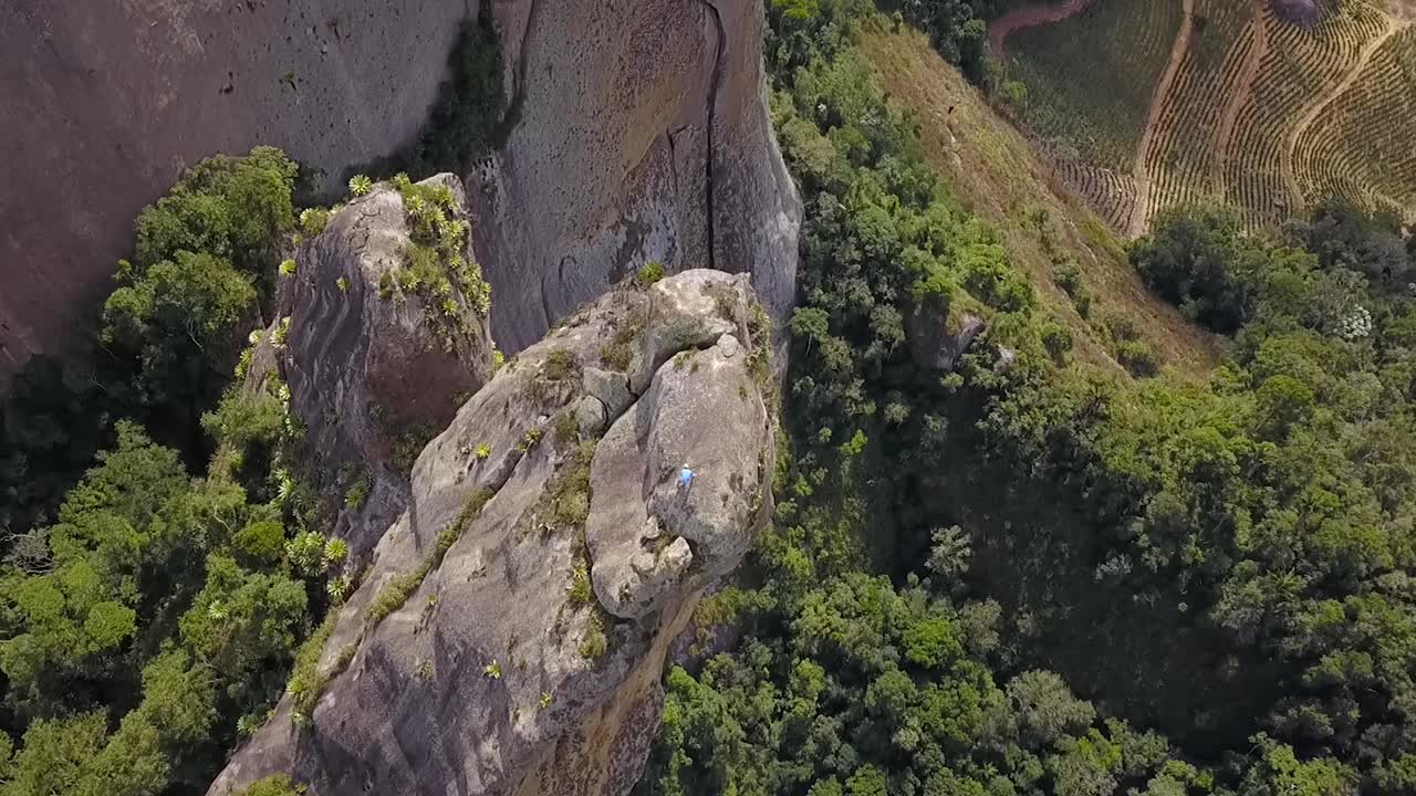 Final climb attack to the summit. Pedra dos Cinco Pontões, Espírito Santo, Brazil. Drone shot.