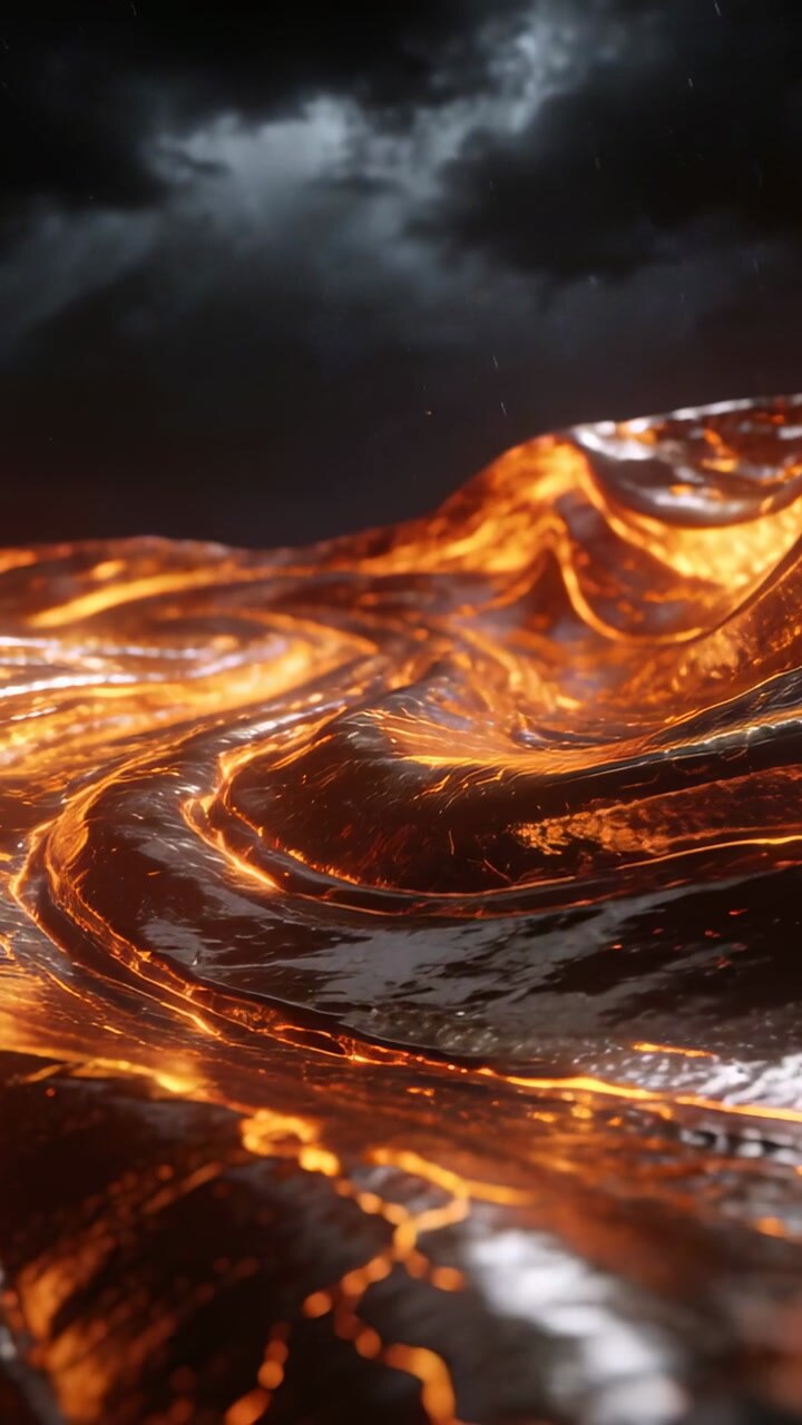 Vertical video: Lightning flashing, molten lava ridges flowing on lava plain, showing glowing veins