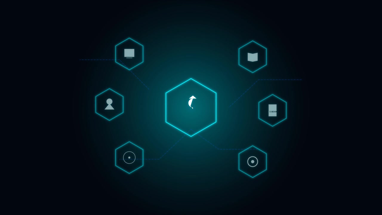 Digital Interface with Glowing Hexagonal Icons and Network Connections