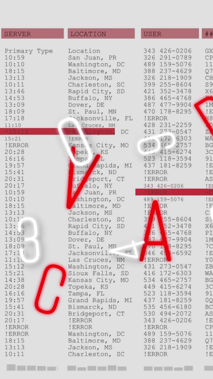 Animation of falling data processing over falling numbers and letters