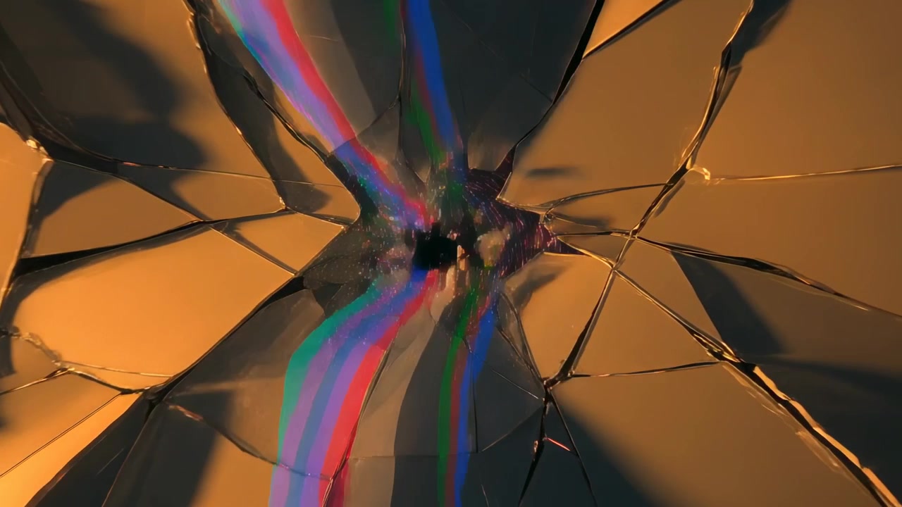Appearing spectral band sliding over cracked glass panel in studio, bending stripes, opening vortex
