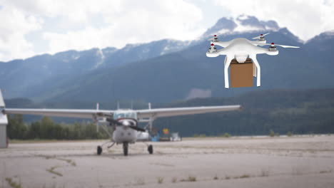 drone carrying a box in an airport