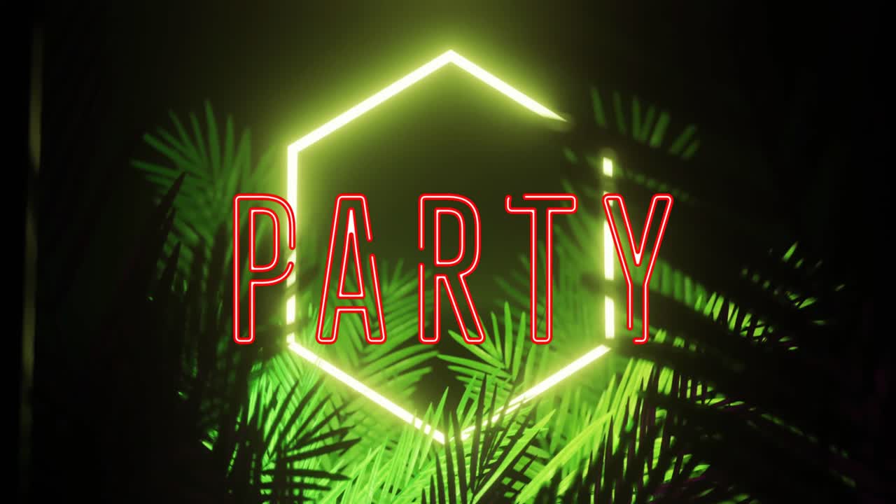 검은색 배경에 네온 모양과 잎 위에 파티 텍스트의 애니메이션