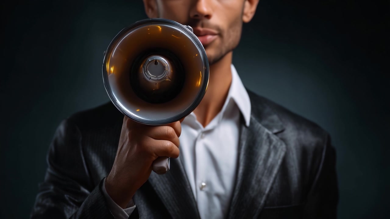 A confident speaker passionately addresses the audience using a megaphone, showcasing an influential moment of communication and engagement in a stylish setting.