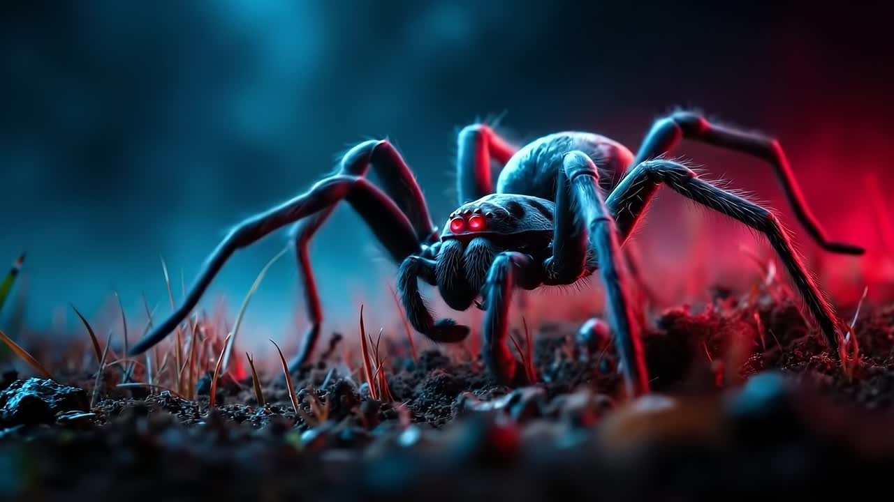 A large spider with red eyes sitting on the ground