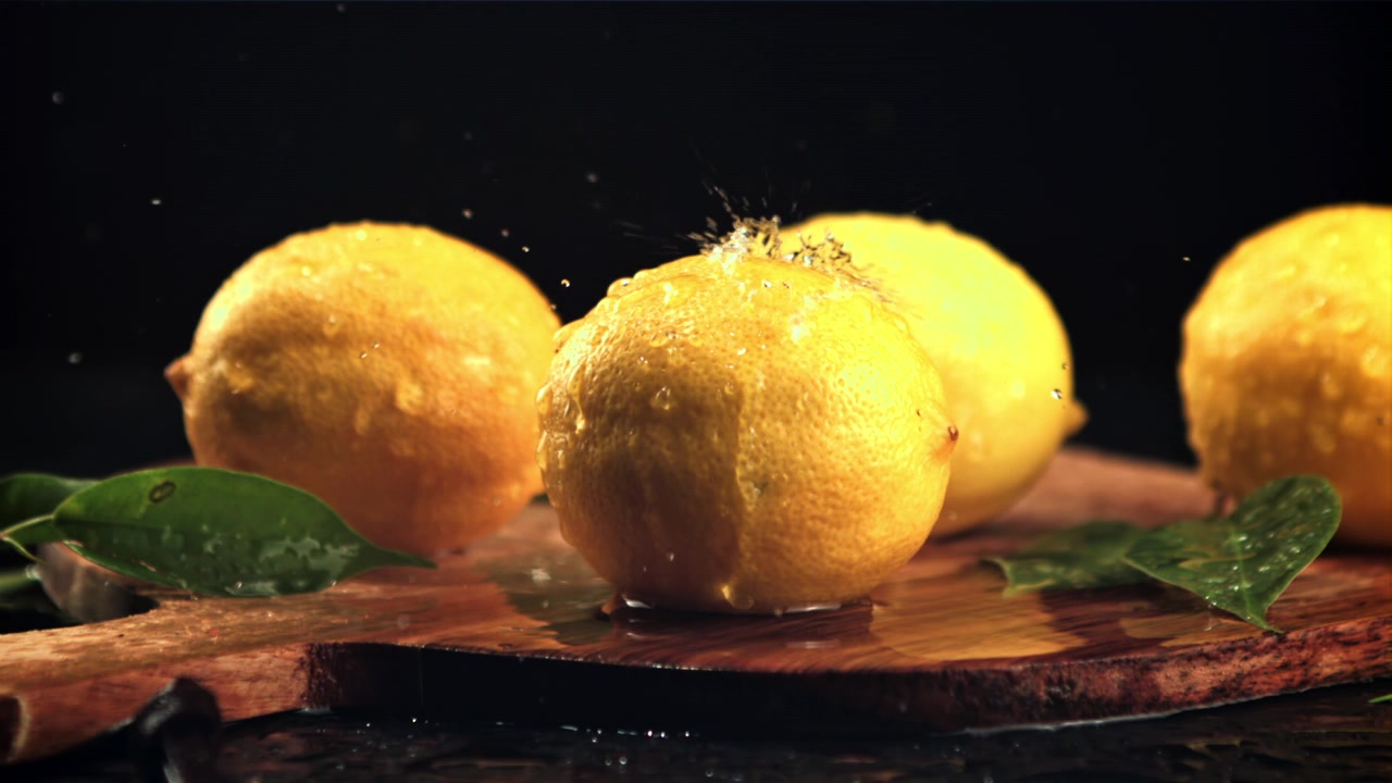 Ahşap bir tahta üzerindeki taze sarı limonlara su sıçraması