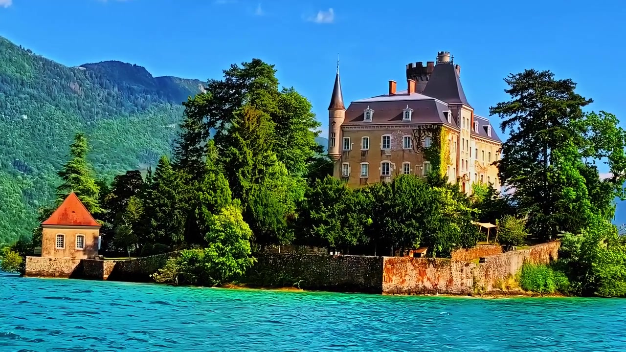 Lago di Annecy in Francia, montagne Dents de Lanfon e castello medievale Roc de Chere.