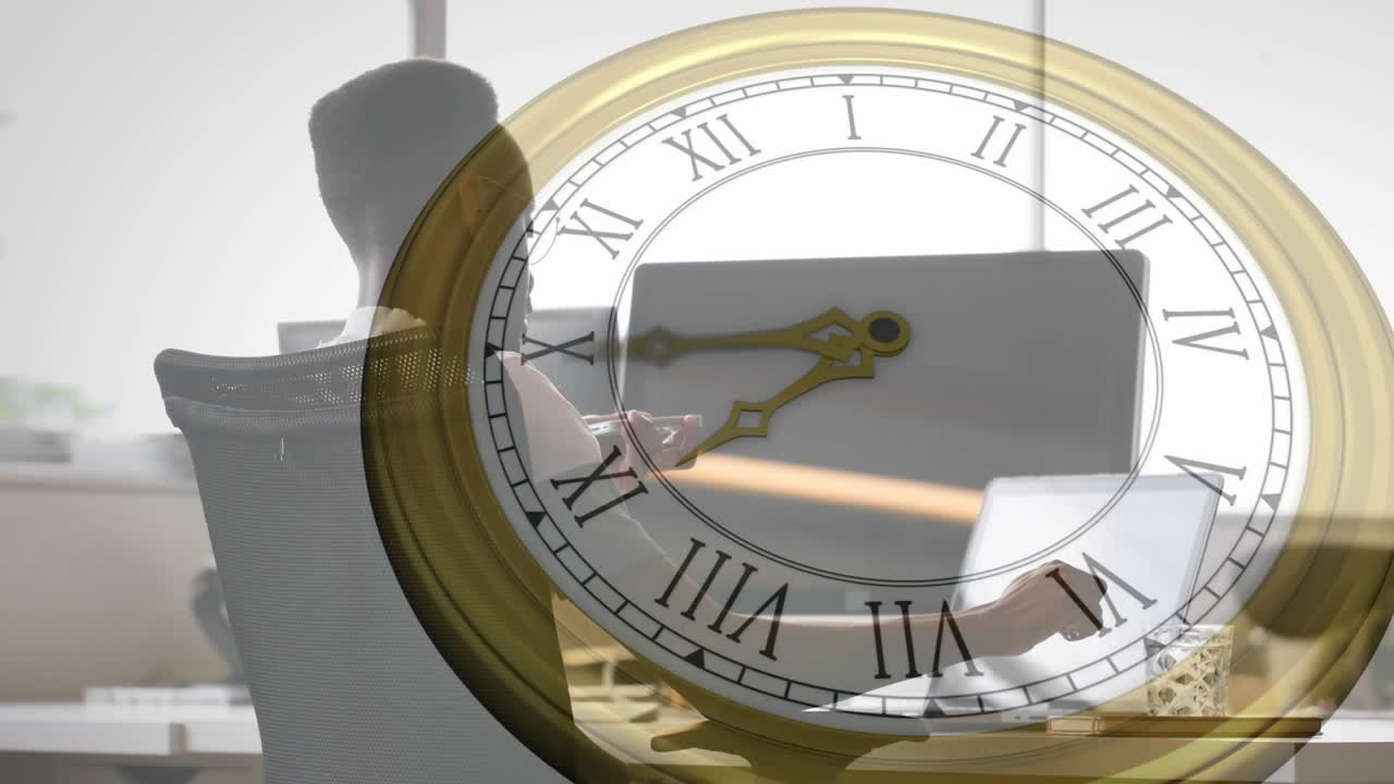 Business professional scrolling smartphone initiating analog clock advancing during focused work