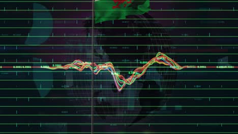 Animation-of-financial-data-processing-against-waving-wales-flag-and-spinning-globe