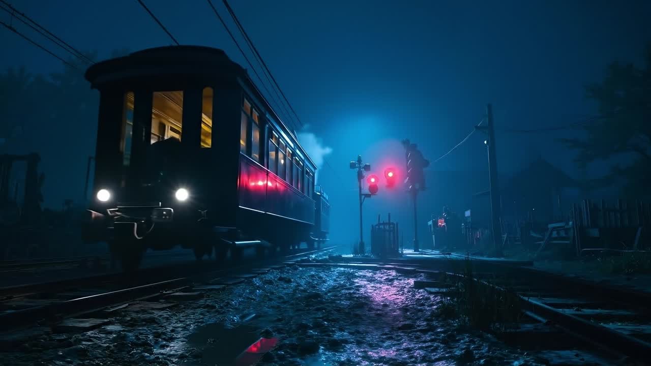 A train traveling down train tracks at night with a red light on