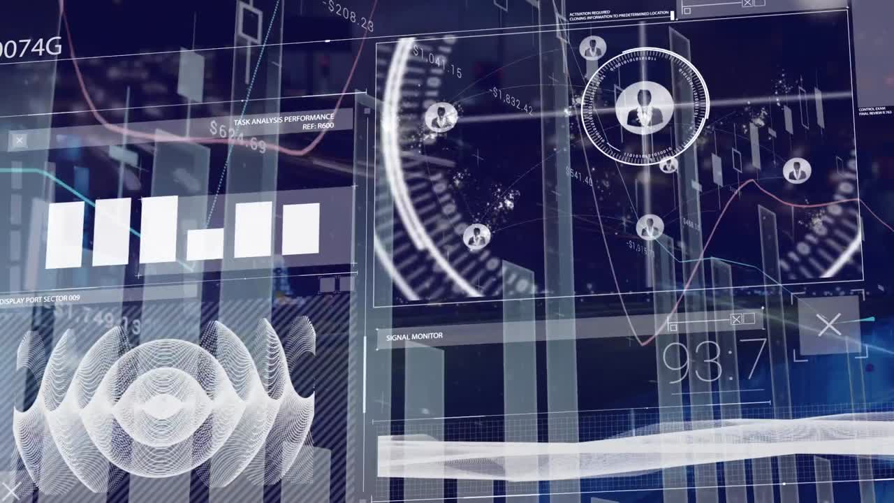 아이콘과 연결된 금융 데이터 처리의 애니메이션