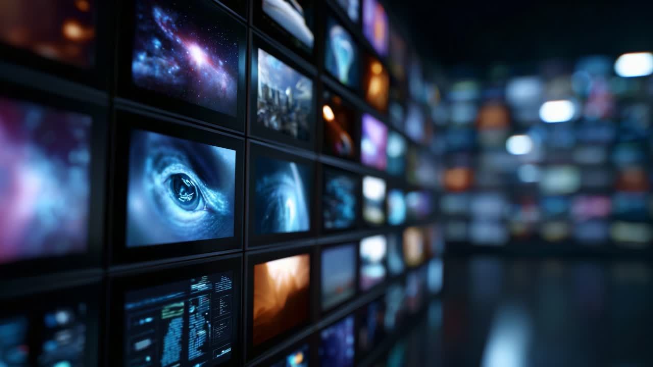 Un display dinamico di pannelli multimediali che mostrano una vasta gamma di contenuti visivi, tra cui immagini cosmiche, analisi di dati e design astratti in un ambiente moderno