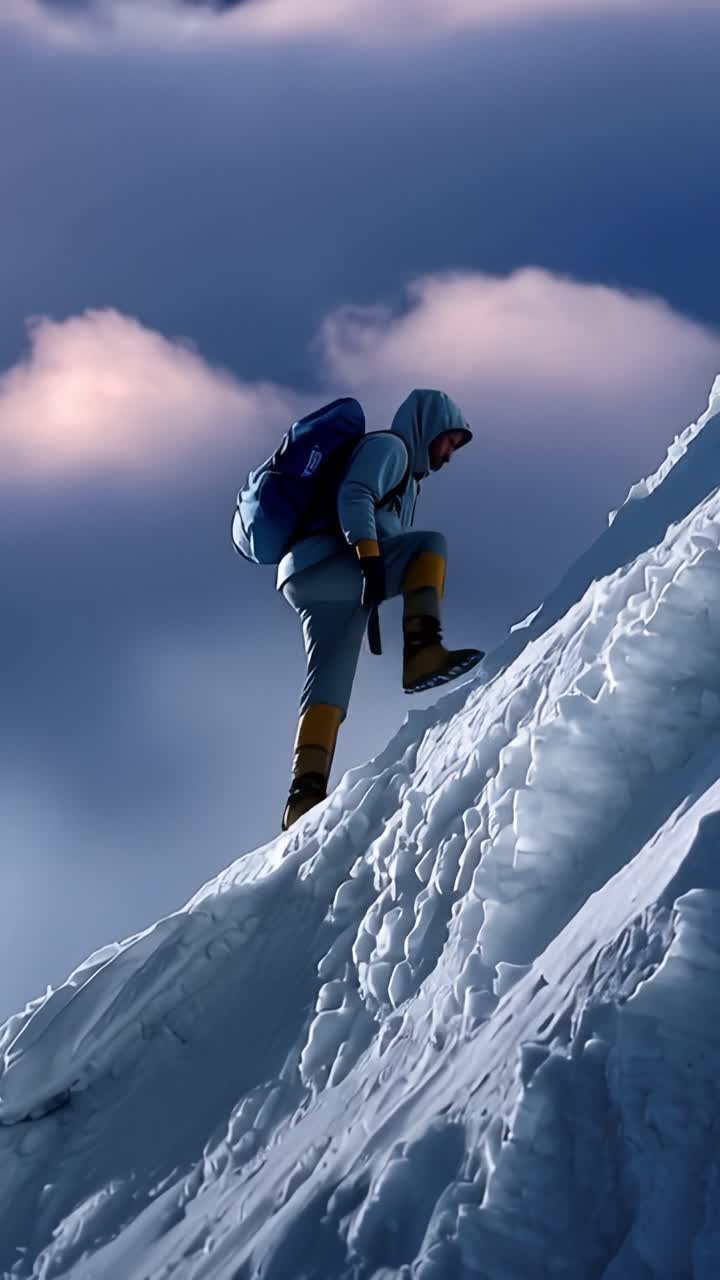 Un alpinista solitario sale su un ripido pendio ghiacciato. La neve copre la montagna sotto un cielo nuvoloso. L'alpinista si muove con cautela, afferrando ghiaccio e neve. Indossa attrezzatura spessa, portando un grande zaino.