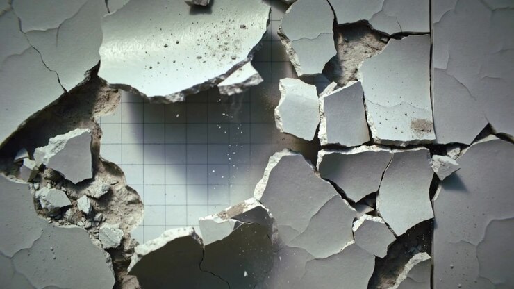 Shedding painted plaster panel showing grid backing on wall, fragment entering opening causing dust