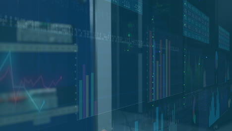 animation of financial data processing over server room