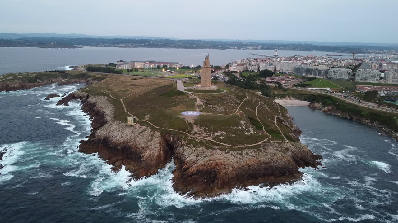 Torre de H&eacute;rcules, Tower of Hercules Lighthouse on Peninsula on A Coruna Coast AERIAL