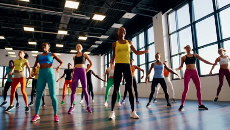 diverse group dancing aerobics fitness class
