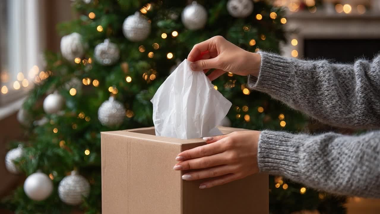 Wrapping Up Holiday Cheer: A Festive Scene of Gift Wrapping as a Person Places Tissue Paper into a Box Amidst a Beautifully Decorated Christmas Tree