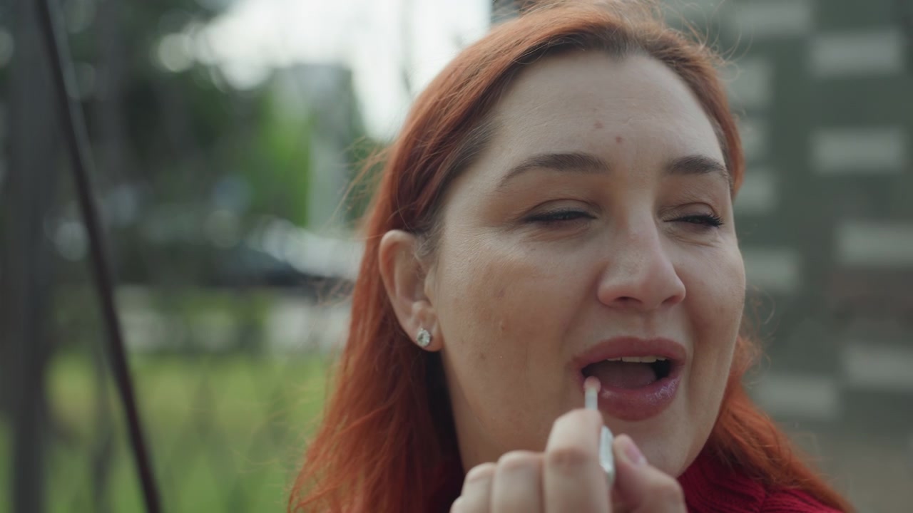 Close-up de uma mulher aplicando gloss labial ao ar livre com mão firme e cabelo ruivo visível. A pessoa usa pequenos brincos de diamante, mantendo o foco no processo de aplicação, com um parque urbano ao fundo.