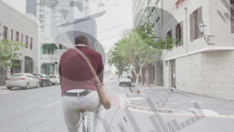 procesamiento de datos estadísticos contra la vista trasera de un hombre mayor afroamericano montando una bicicleta