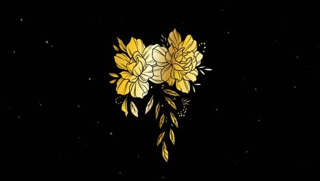 Animation-of-gold-flowers-over-white-stars-moving-on-black-background