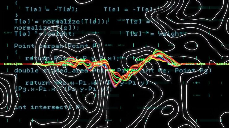 Animazione di mappa topografica e grafico colorato che si muovono su elaborazione dati, su sfondo nero.