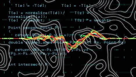 Animation-of-topographical-map-and-colourful-graph-moving-over-data-processing,-on-black