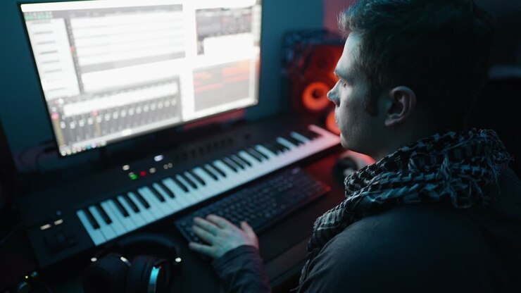 Äänituottaja työskentelee äänitysstudiossa