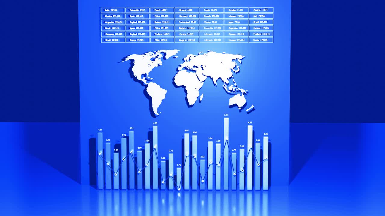 abstract beautiful columns form graph and with the world map form an information panel as looped bg for analytical shows. Global data, abstract statistics around the world as information bg