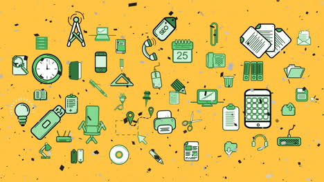 digital animation of confetti falling over multiple business concept icons on yellow background