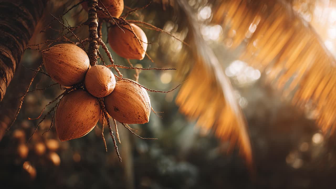 Beautiful Close-Up of Ripe Coconuts Hanging Amidst Tropical Foliage with Glowing Sunlight Filtering Through Leaves in a Natural Setting
