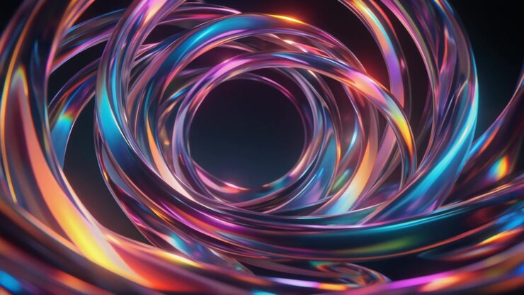 Animação Abstrata de Anéis Metálicos Iridescentes Girando no Espaço Escuro