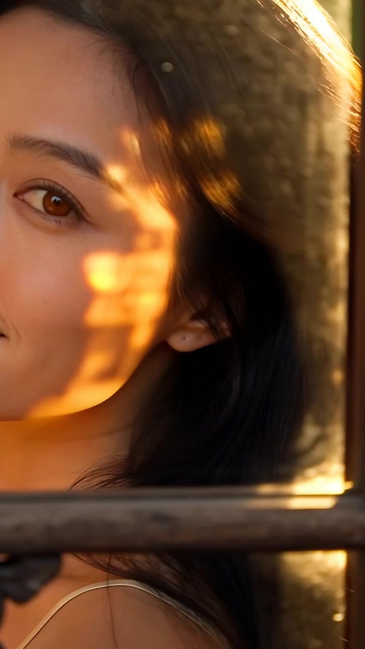 Vertical video: Tucking hair as light shifts, woman grooming at window with strap top and earring
