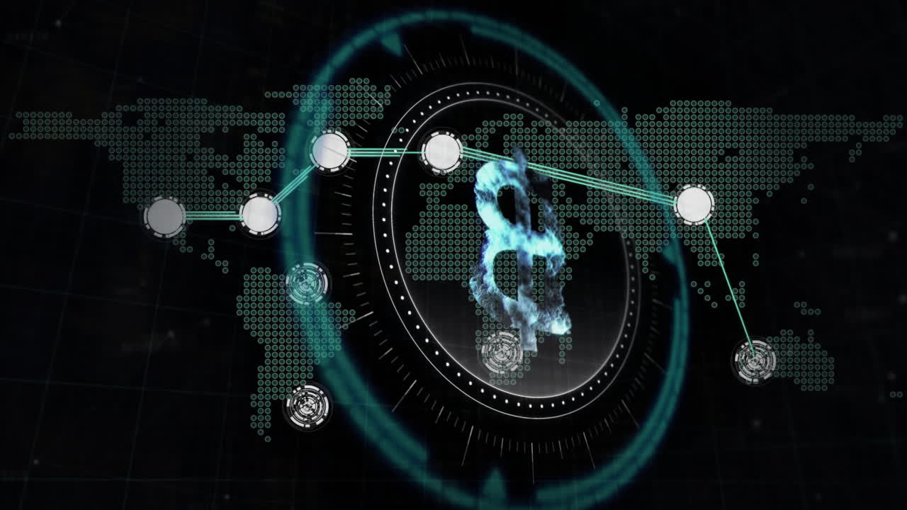 Bitcoin symbol and global network connections animation over world map