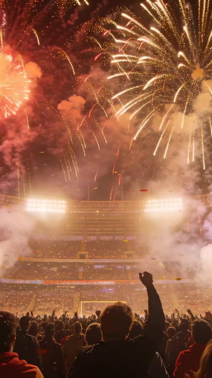Video verticale: Tifosi che alzano i pugni e festeggiano, fuochi d'artificio che esplodono sopra lo stadio, con coriandoli