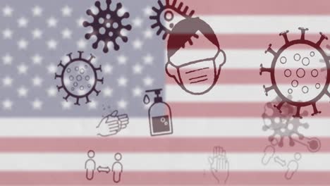 iconos de concepto de coronavirus contra la bandera estadounidense