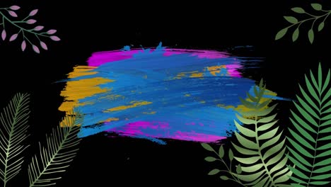 Animation-of-plants-over-multicolored-paint-strokes-on-black-background