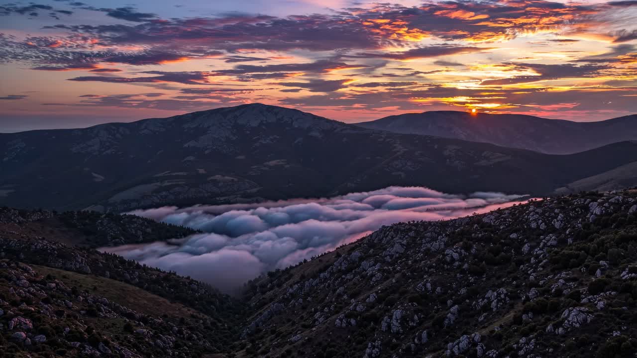 Aerial video shot at night captures a serene mountain landscape with clouds nestled in valleys