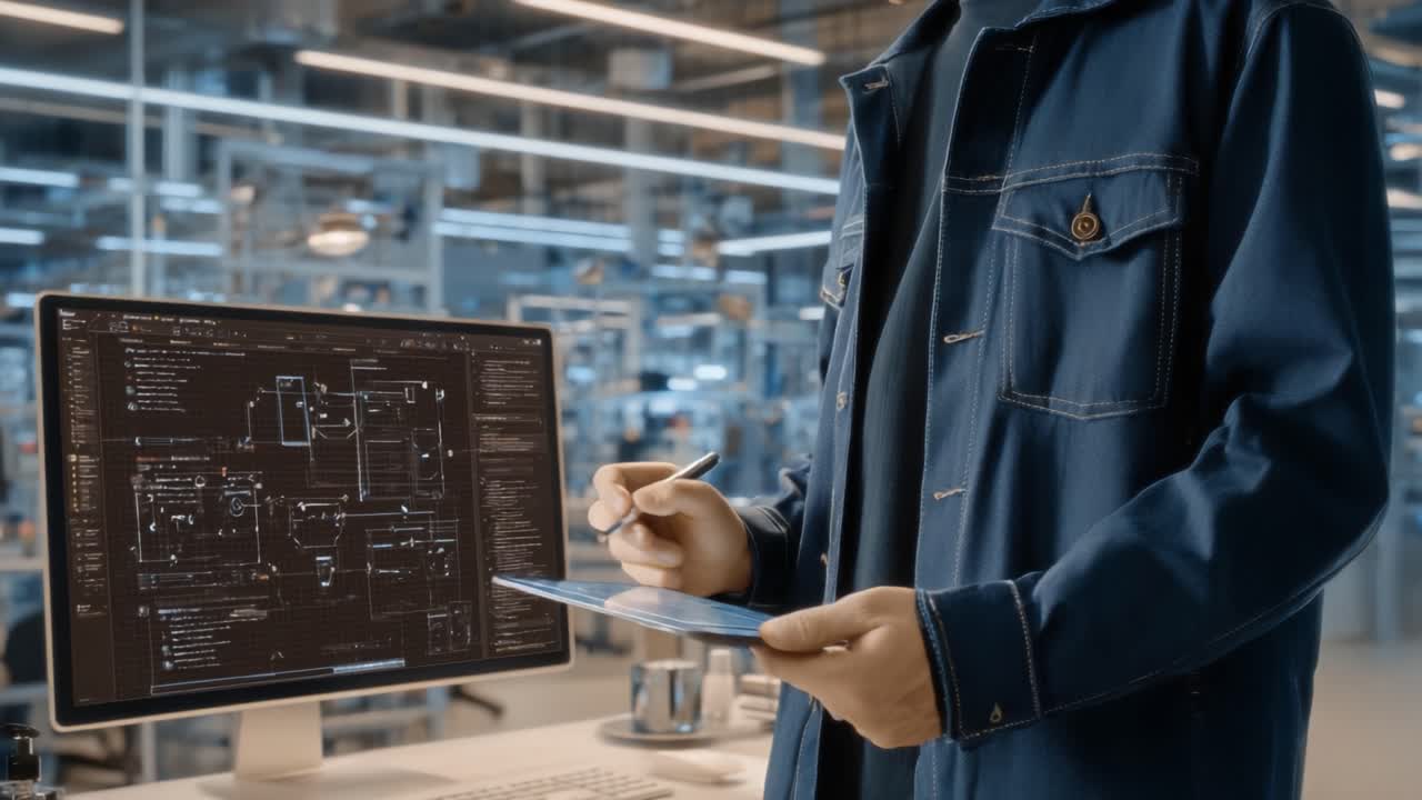 A focused individual in a modern workspace, utilizing digital tools and technology to analyze complex diagrams and process data for enhanced productivity and innovation