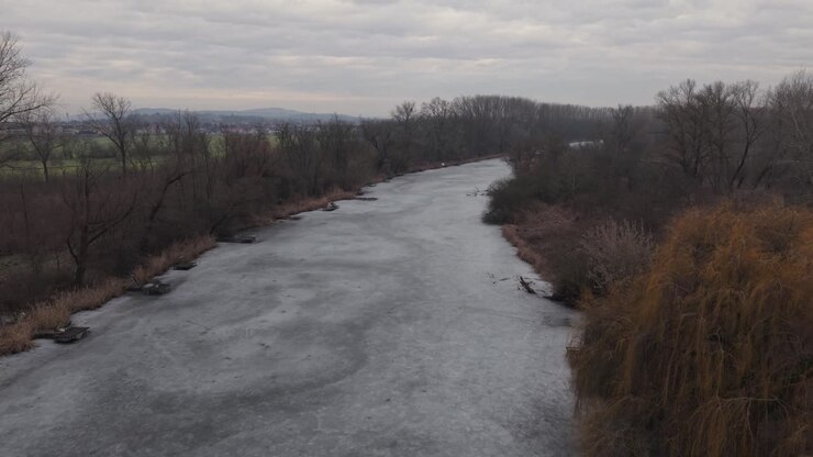 Veduta aerea di un fiume ghiacciato che serpeggia attraverso un tranquillo paesaggio invernale circondato da alberi spogli. Il cielo coperto e la superficie ghiacciata creano un'atmosfera stagionale calma e fredda in un ambiente rurale.