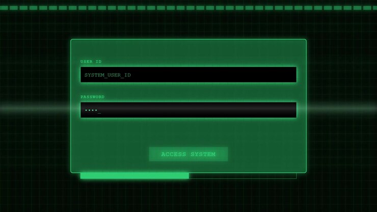 Digitale Anmeldeoberfläche mit tippendem Text auf grünem Gitterhintergrund