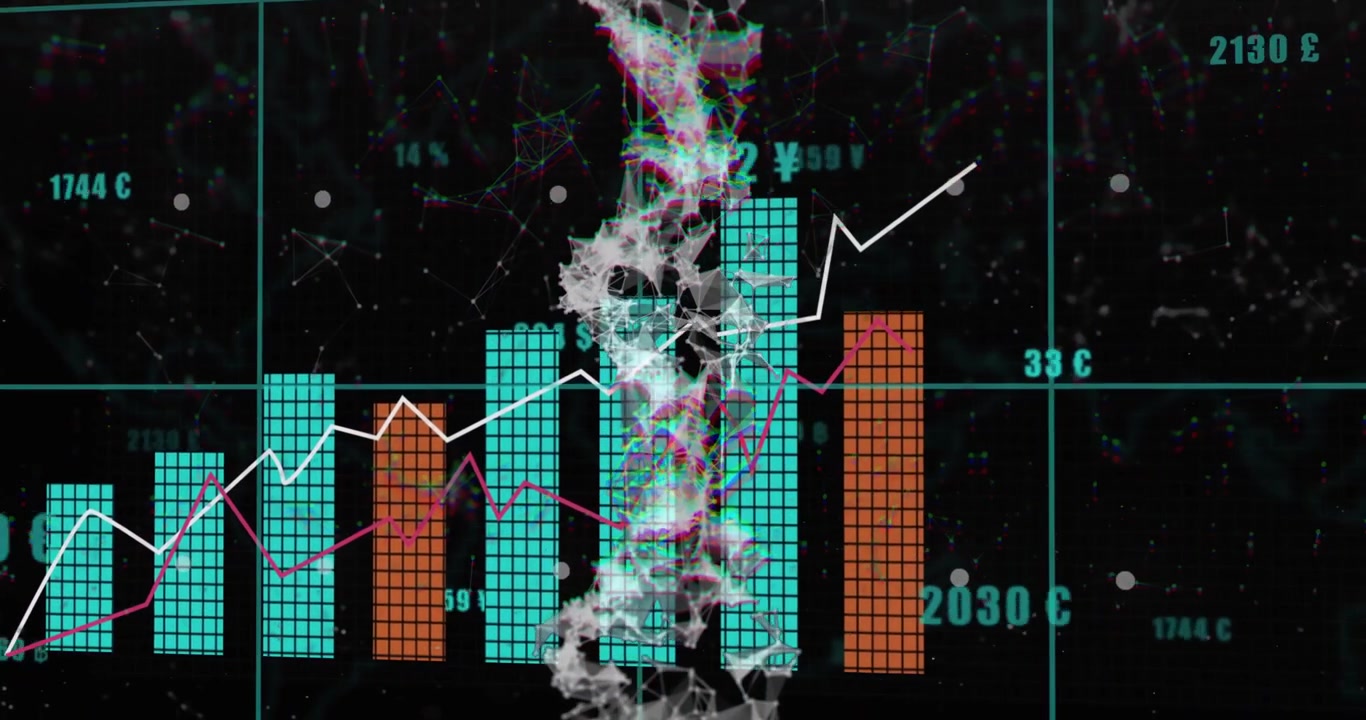 Floating numbers appearing on grid initiating fractal emerging, bars animating showing data trends