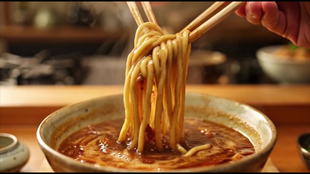 Primo piano di noodles fumanti sollevati con le bacchette