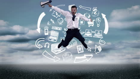 businessman jumping in front of animated business plan