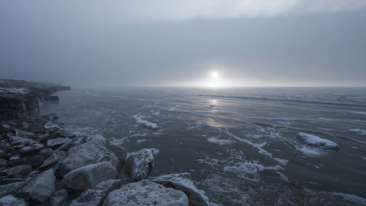 Driving tides pushing foamy waves and shifting ice past boulders, foggy shoreline, low sun glinting