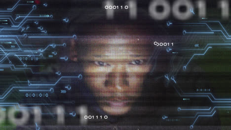 animation of binary code, integrated circuit and face of african american hacker