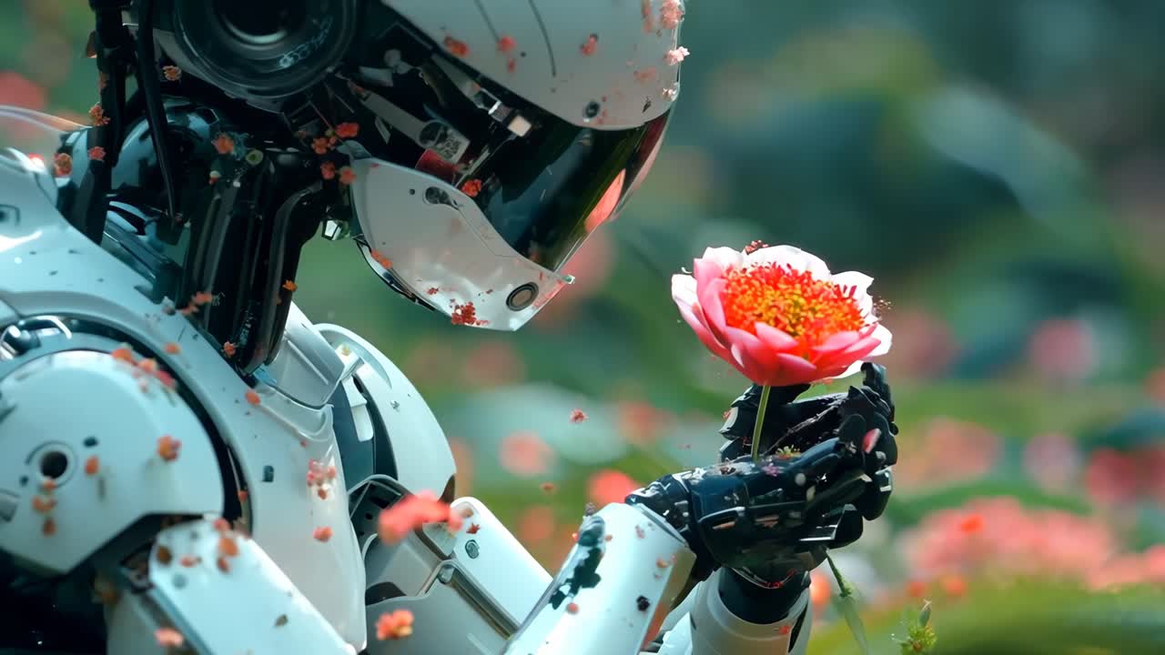 A robot is holding a flower in its hand. The flower is pink and is in the robot's hand. The robot is in a field of flowers