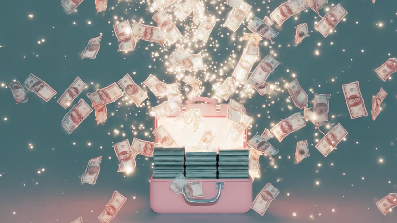 A Magical Treasure Chest Overflowing with a Shower of Cash and Sparkles: An Enchanting Display of Wealth and Abundance Captured in Two Stunning Frames