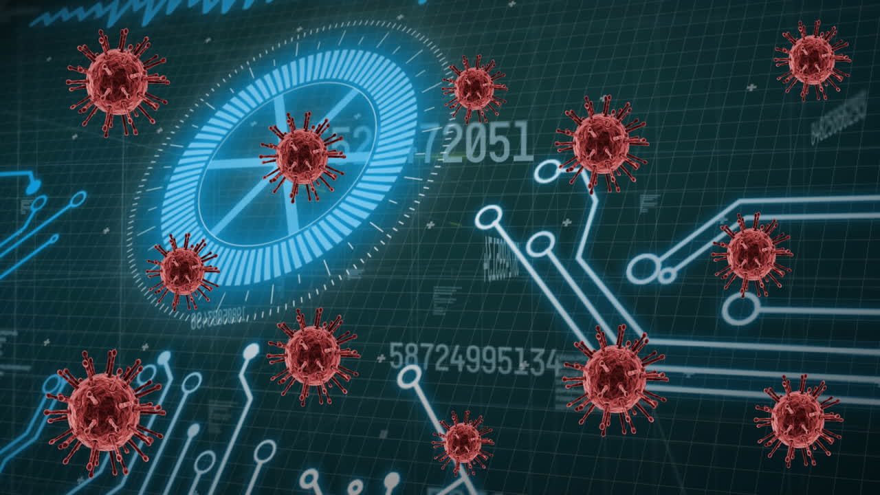 코로나 19 세포의 애니메이션과 컴퓨터 회로 보드 및 데이터 처리 범위